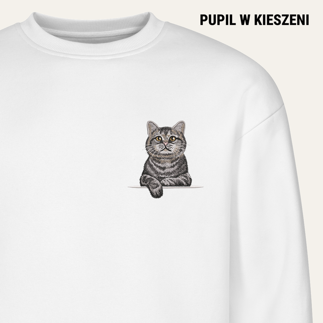 Kot szkocki (tabby) (szary) – bluza z haftem, biała