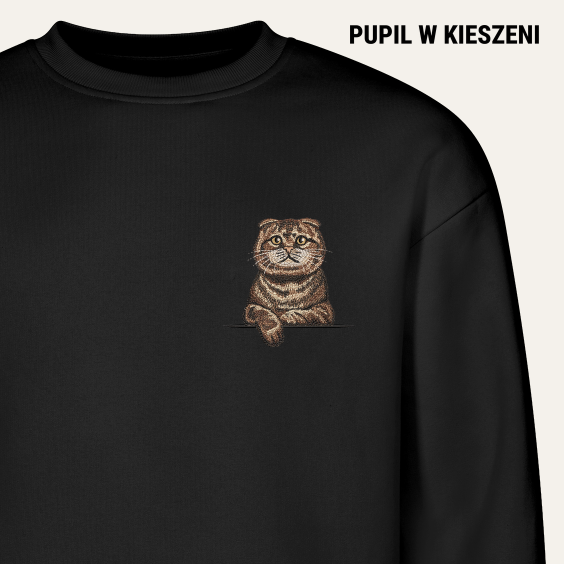 Kot szkocki fold (tabby) (brązowy) – bluza z haftem, czarna