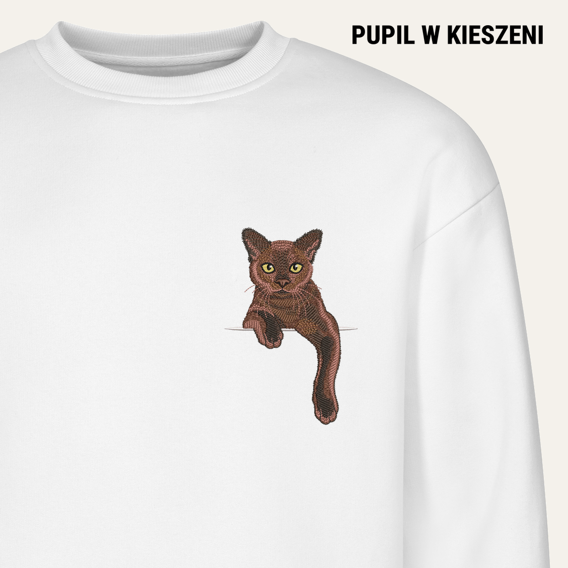 Kot burmański (brązowy) – bluza z haftem, biała