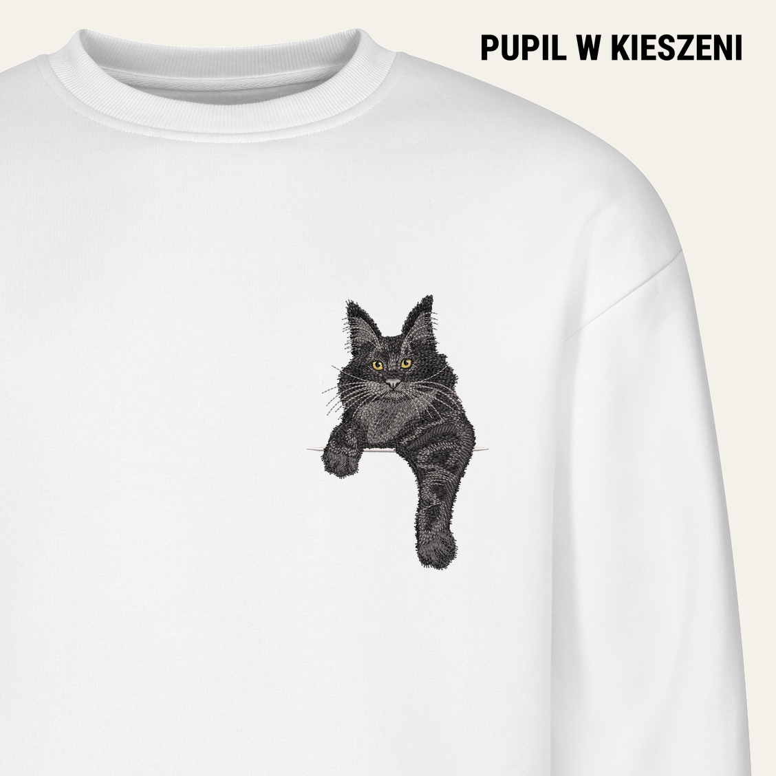 Maine coon (czarny) – bluza z haftem, biała