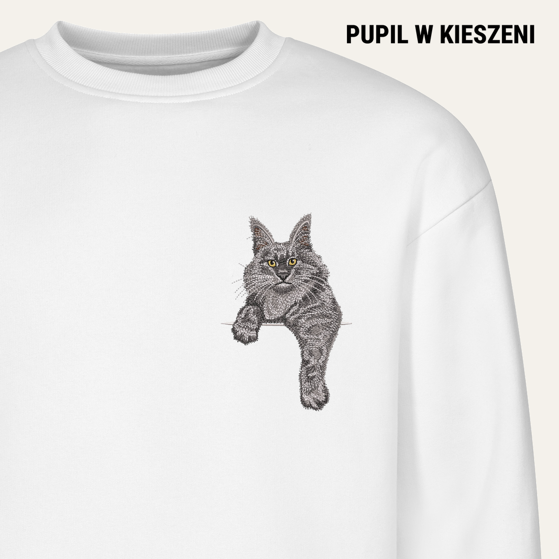 Maine coon (szary) – bluza z haftem, biała