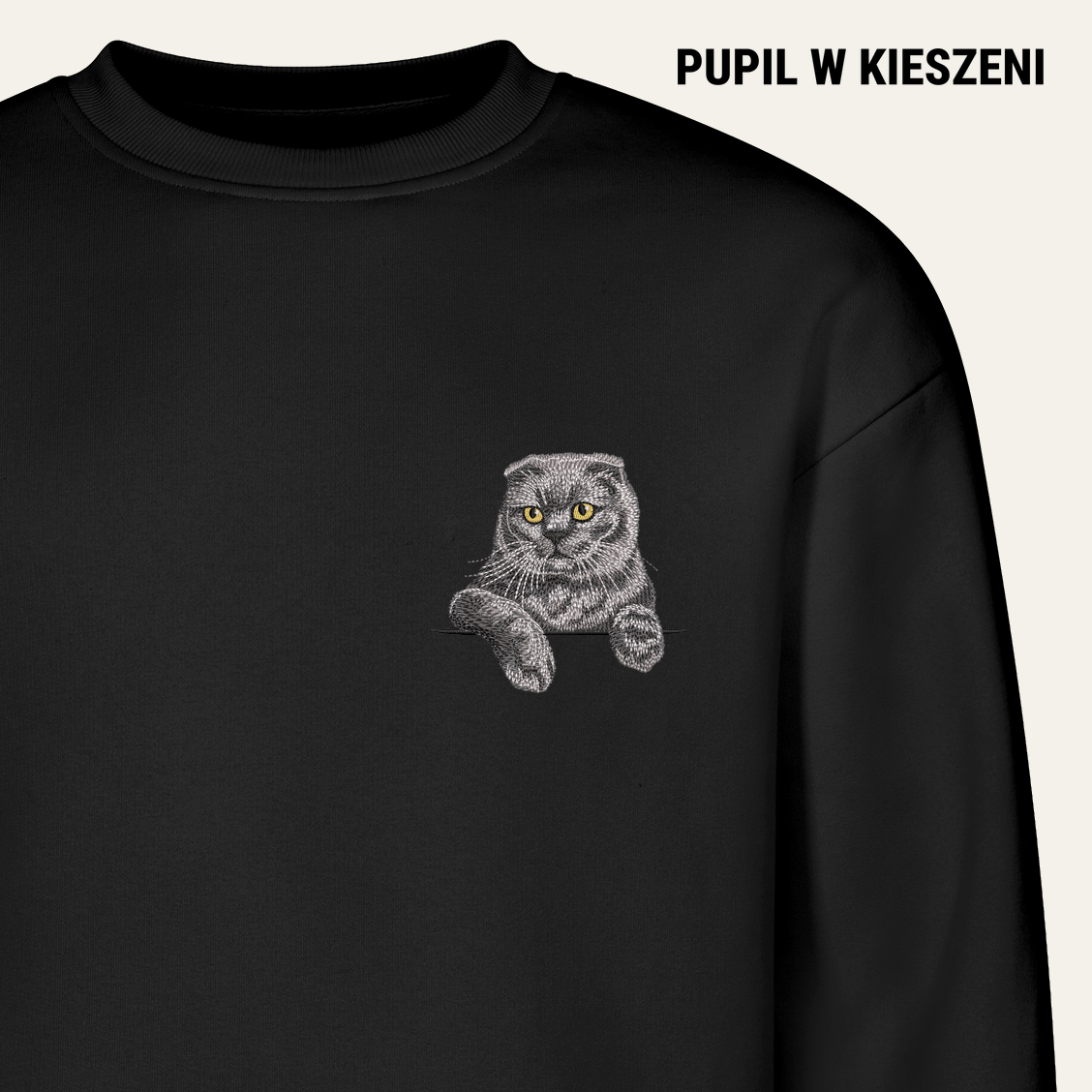 Kot szkocki fold – bluza z haftem, czarna