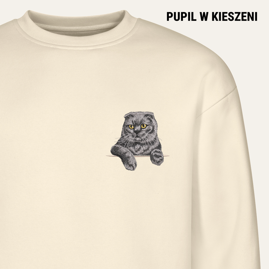 Kot szkocki fold – bluza z haftem, piaskowa