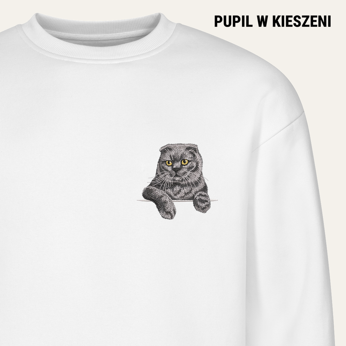 Kot szkocki fold – bluza z haftem, biała