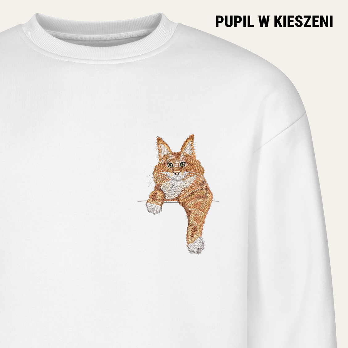 Maine coon (rudy) – bluza z haftem, biała