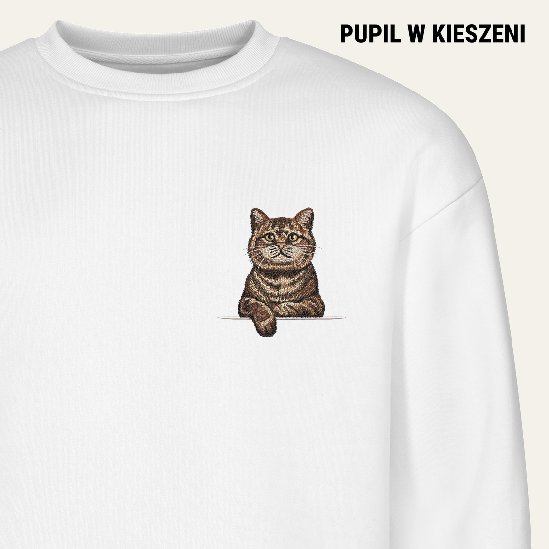 Kot szkocki (tabby) (brązowy) – bluza z haftem, biała