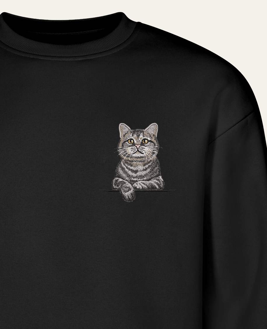 Kot szkocki (tabby) (szary) – bluza z haftem, czarna