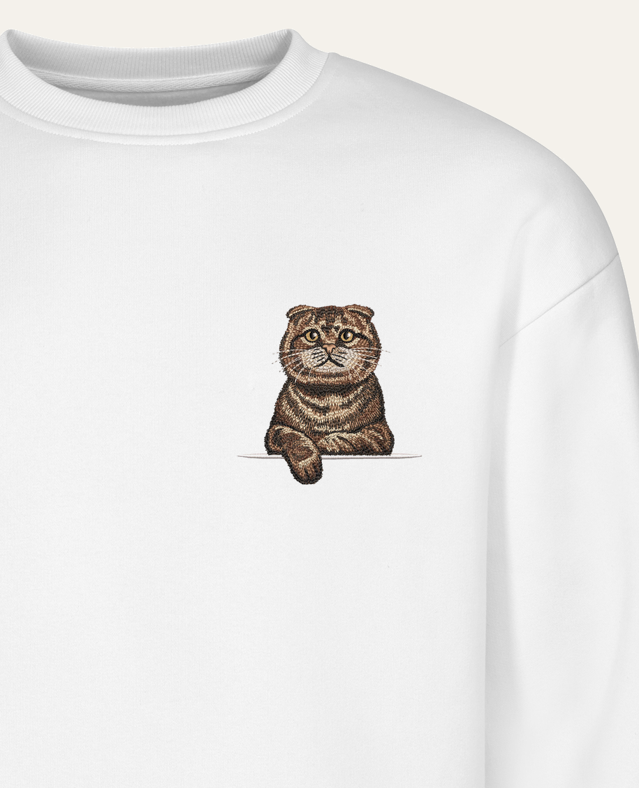 Kot szkocki fold (tabby) (brązowy) – bluza z haftem, biała