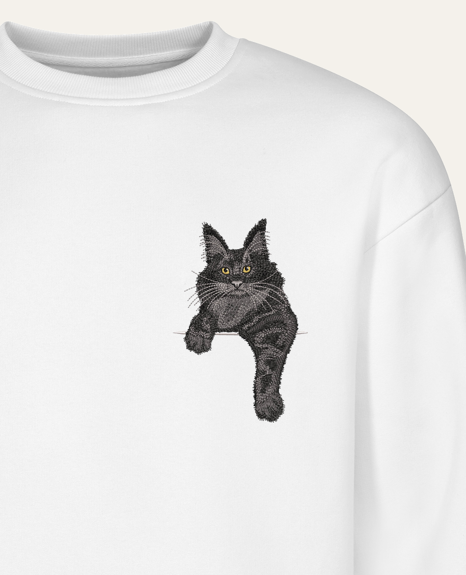 Maine coon (czarny) – bluza z haftem, biała
