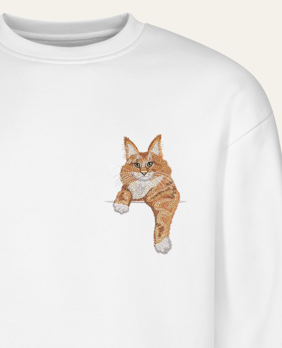 Maine coon (rudy) – bluza z haftem, biała