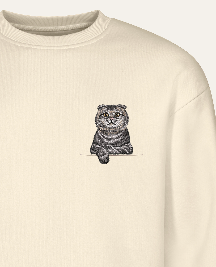 Kot szkocki fold (tabby) (szary) – bluza z haftem, piaskowa