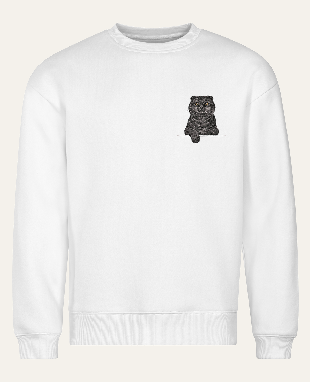 Kot szkocki fold (czarny) – bluza z haftem, biała