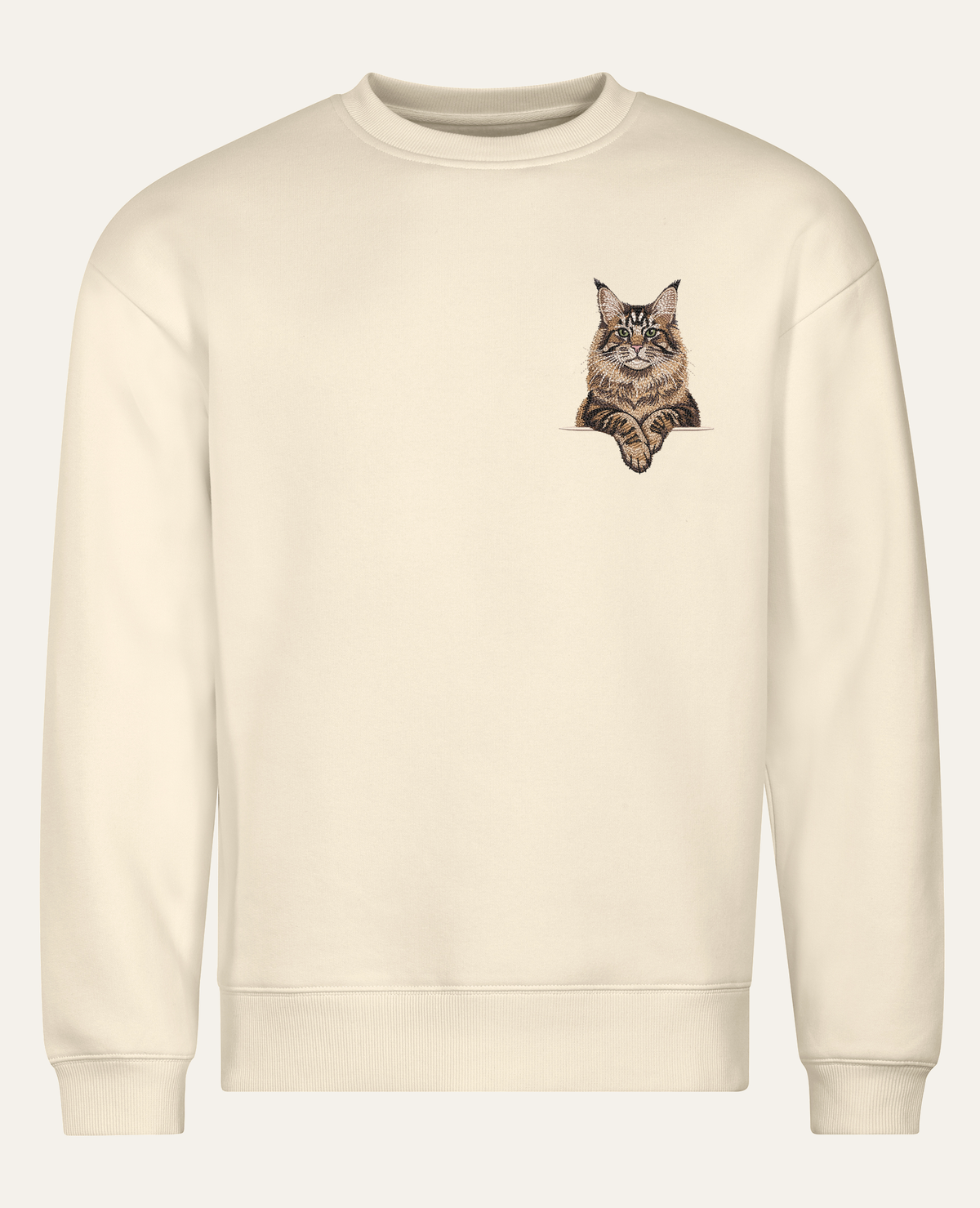 Maine coon (brązowy pręgowany) – bluza z haftem, piaskowa, cała sylwetka