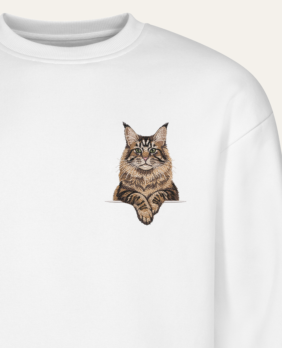 Maine coon (brązowy pręgowany) – bluza z haftem, biała