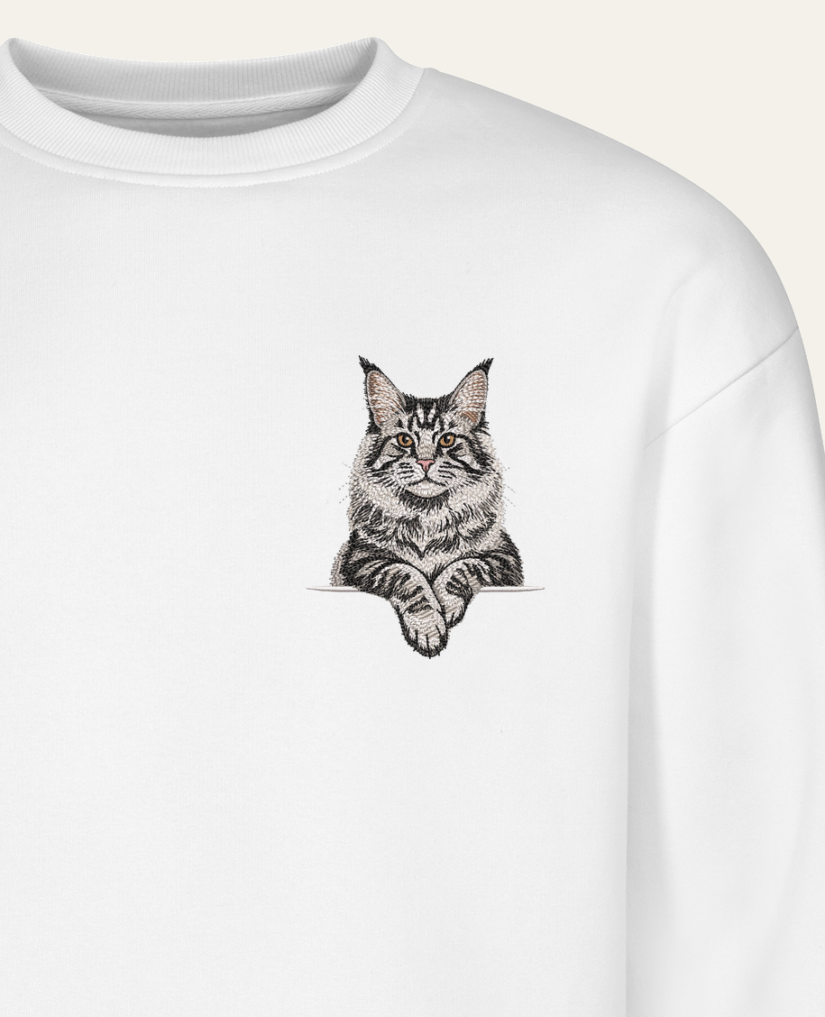 Maine coon (srebrny pręgowany) – bluza z haftem, biała