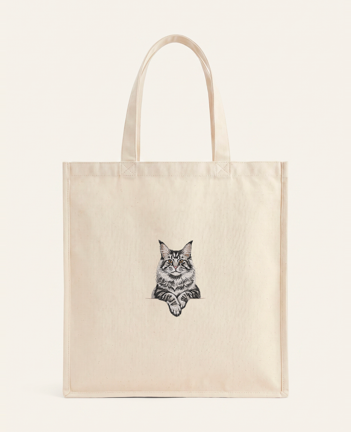 Maine coon (srebrny pręgowany) – torba z haftem, piaskowa