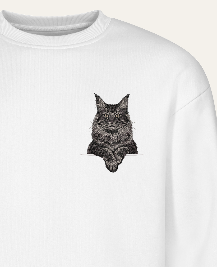 Maine coon (czarny) wzór 2 – bluza z haftem, biała