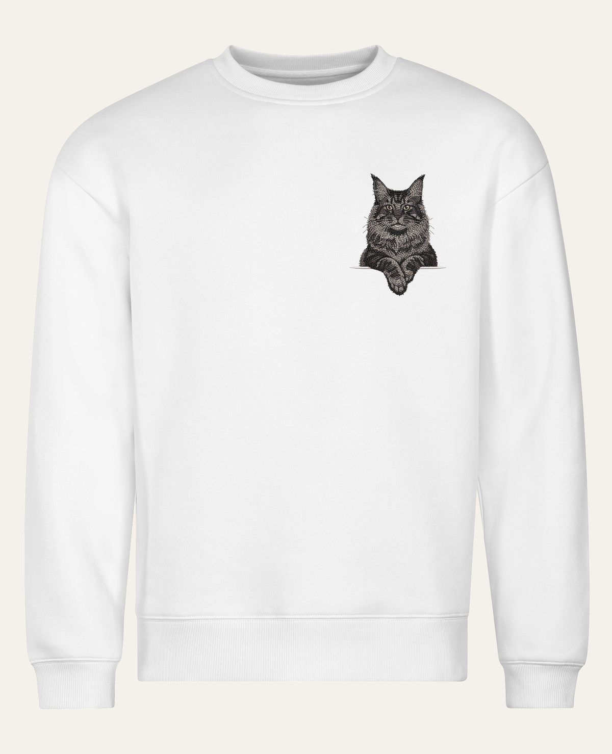 Maine coon (czarny) wzór 2 – bluza z haftem, biała, cała sylwetka