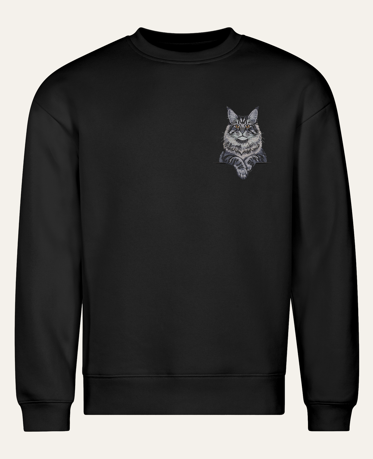 Maine coon (niebieski) – bluza z haftem, czarna, cała sylwetka