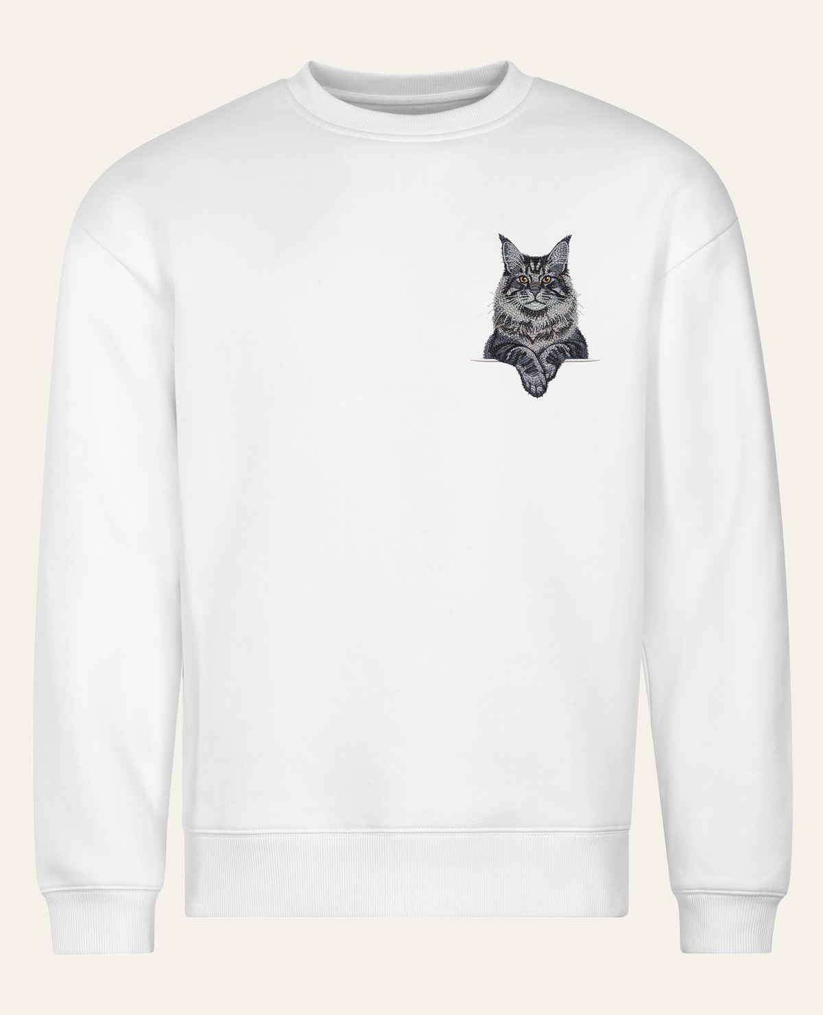 Maine coon (niebieski) – bluza z haftem, biała, cała sylwetka