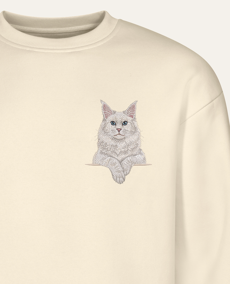 Maine coon (biały) – bluza z haftem, piaskowa
