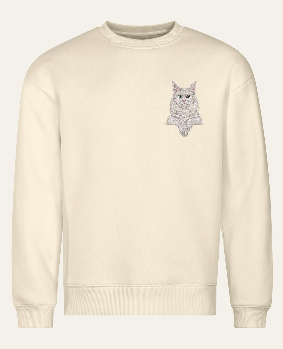 Maine coon (biały) – bluza z haftem, piaskowa, cała sylwetka
