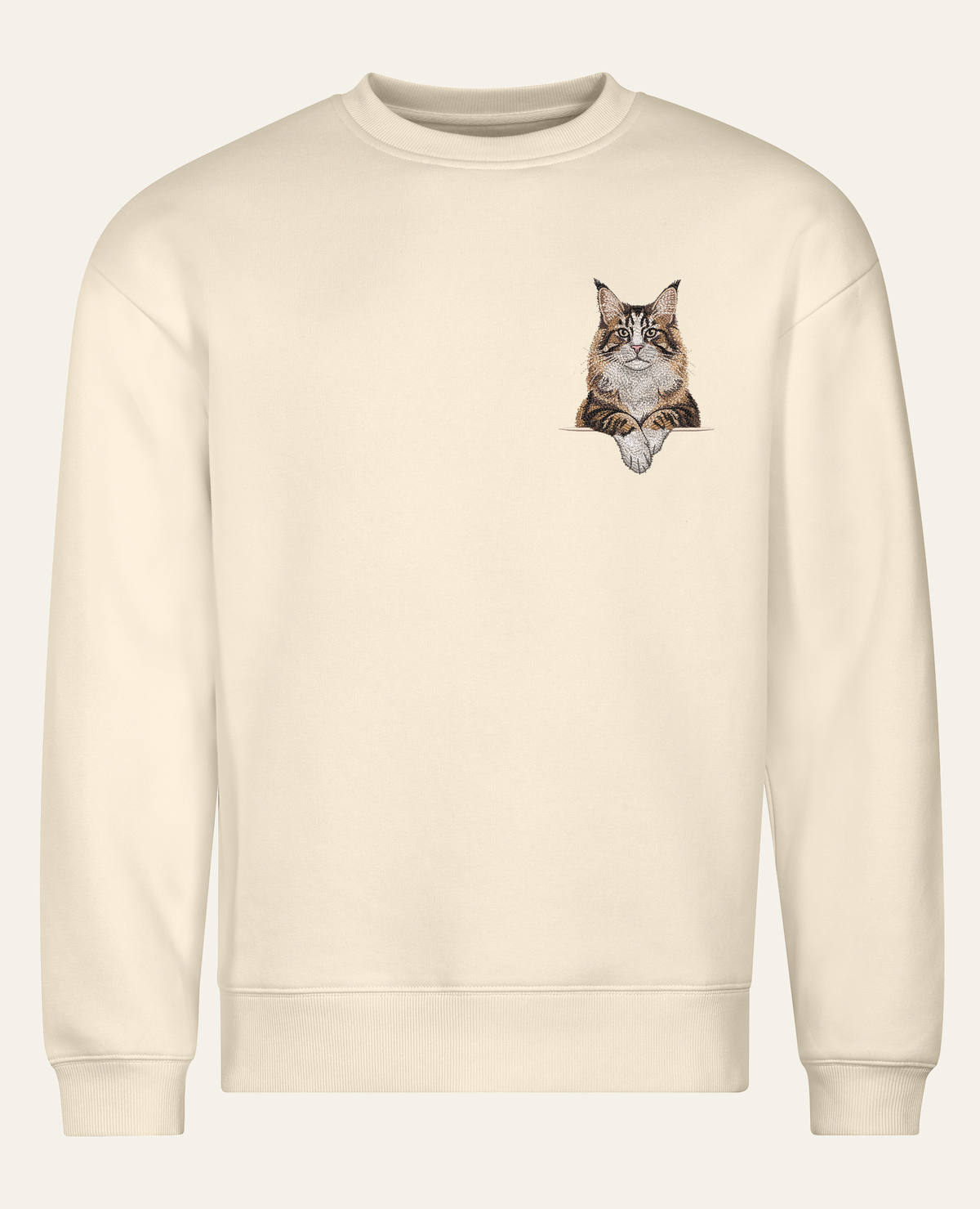 Maine coon (brązowy pręgowany z bielą) – bluza z haftem, piaskowa, cała sylwetka