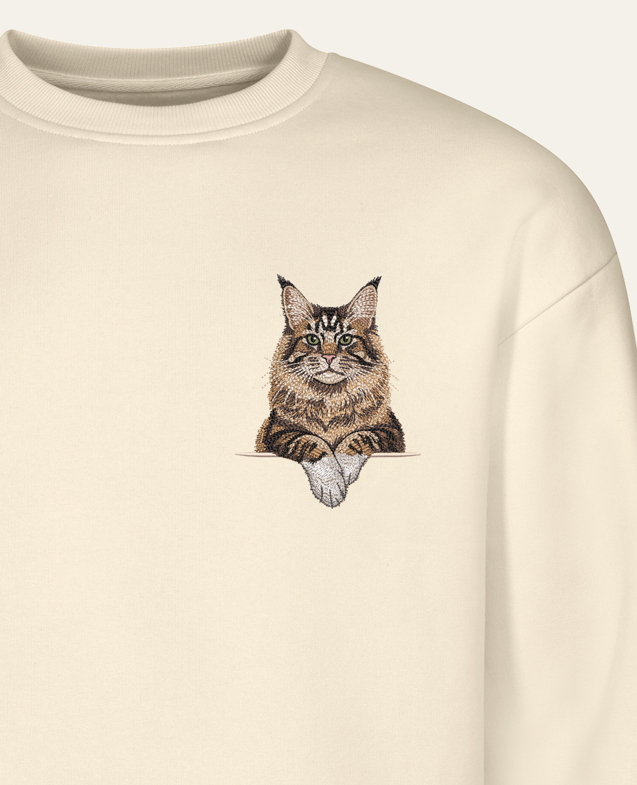 Maine coon (brązowy pręgowany z białymi łapkami) – bluza z haftem, piaskowa