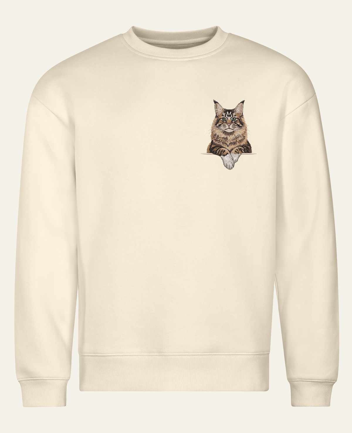Maine coon (brązowy pręgowany z białymi łapkami) – bluza z haftem, piaskowa, cała sylwetka