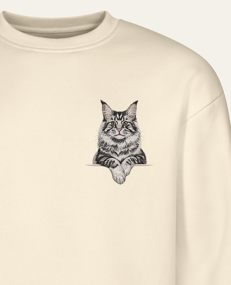 Maine coon (srebrny pręgowany z białymi łapkami) – bluza z haftem, piaskowa