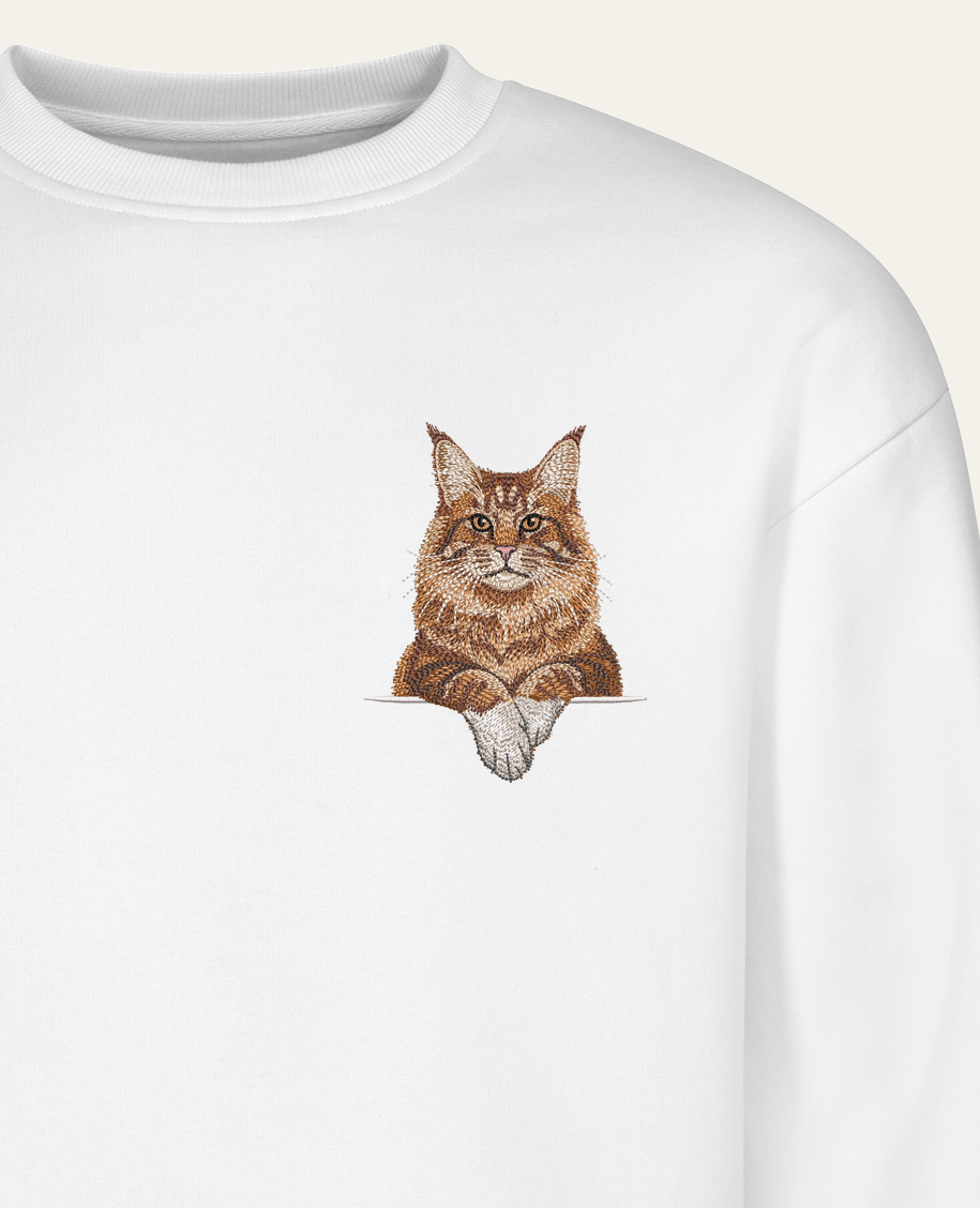 Maine coon (rudy z białymi łapkami) – bluza z haftem, biała