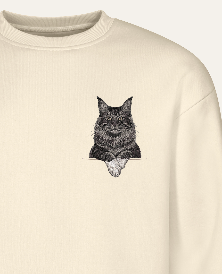 Maine coon (czarny z białymi łapkami) – bluza z haftem, piaskowa
