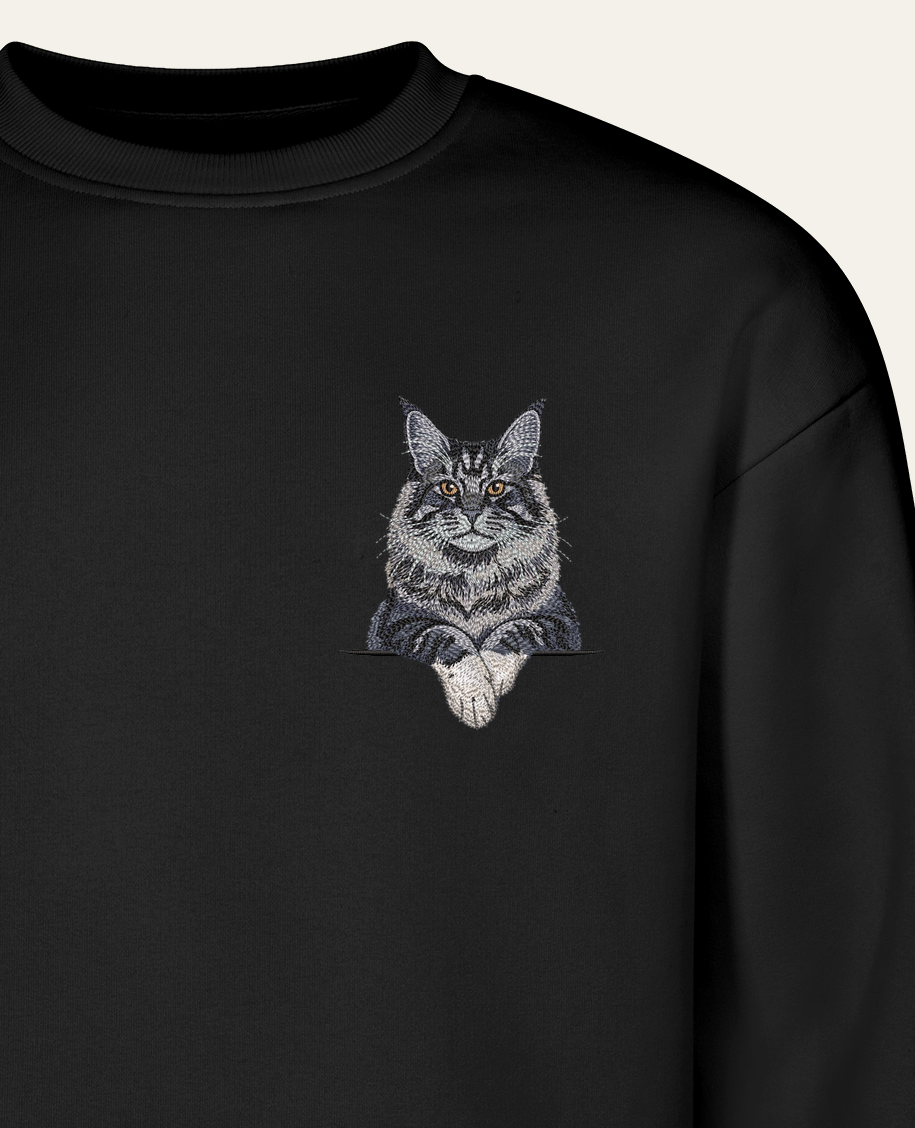 Maine coon (niebieski z białymi łapkami) – bluza z haftem, czarna