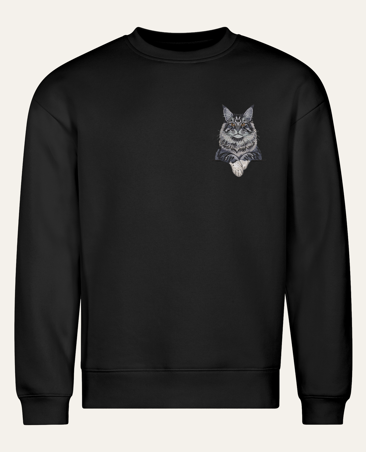 Maine coon (niebieski z białymi łapkami) – bluza z haftem, czarna, cała sylwetka