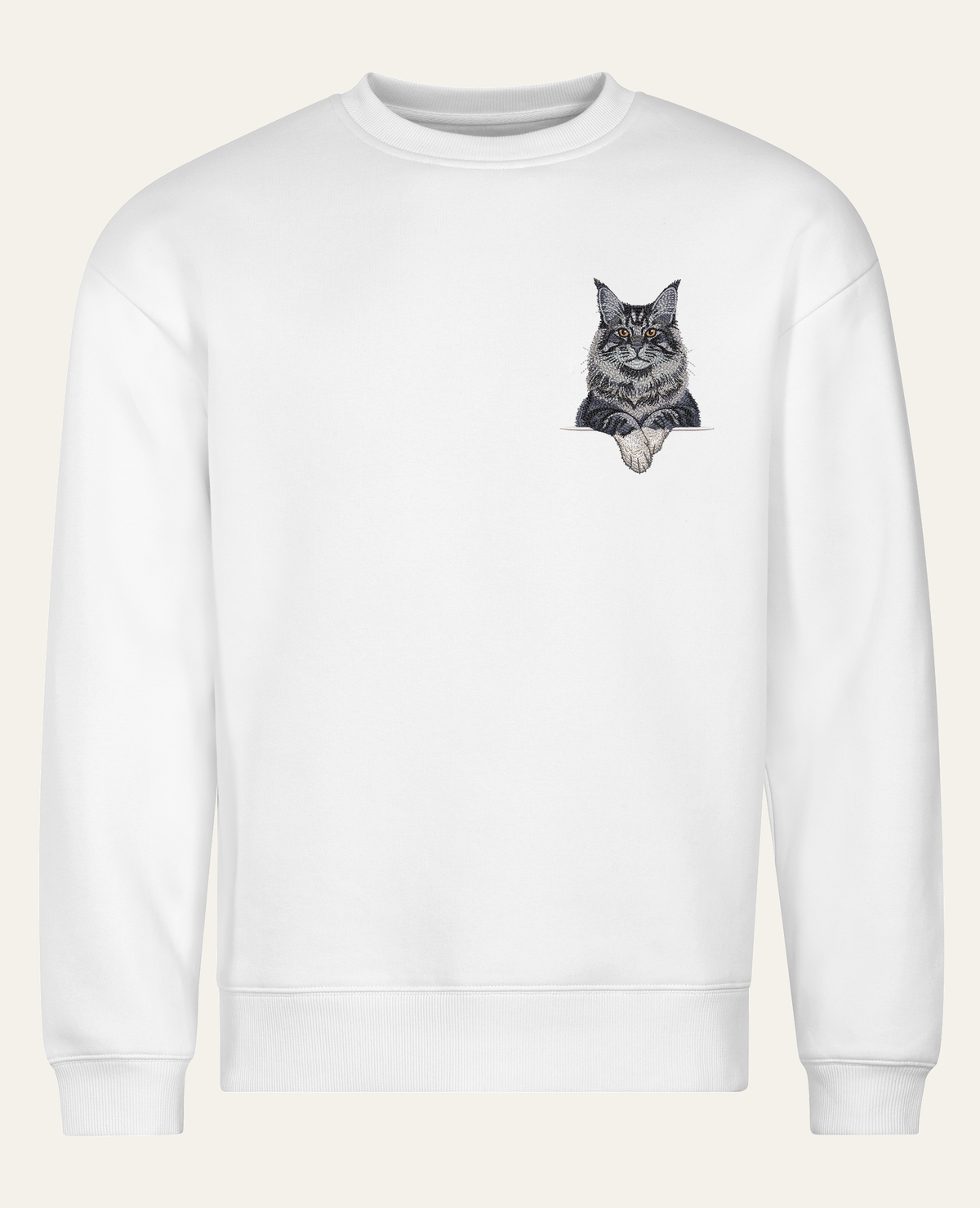 Maine coon (niebieski z białymi łapkami) – bluza z haftem, biała, cała sylwetka