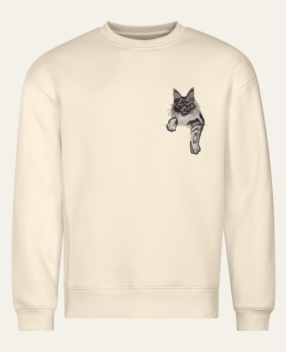 Maine coon (czarny dymny) wzór 2 – bluza z haftem, piaskowa, cała sylwetka