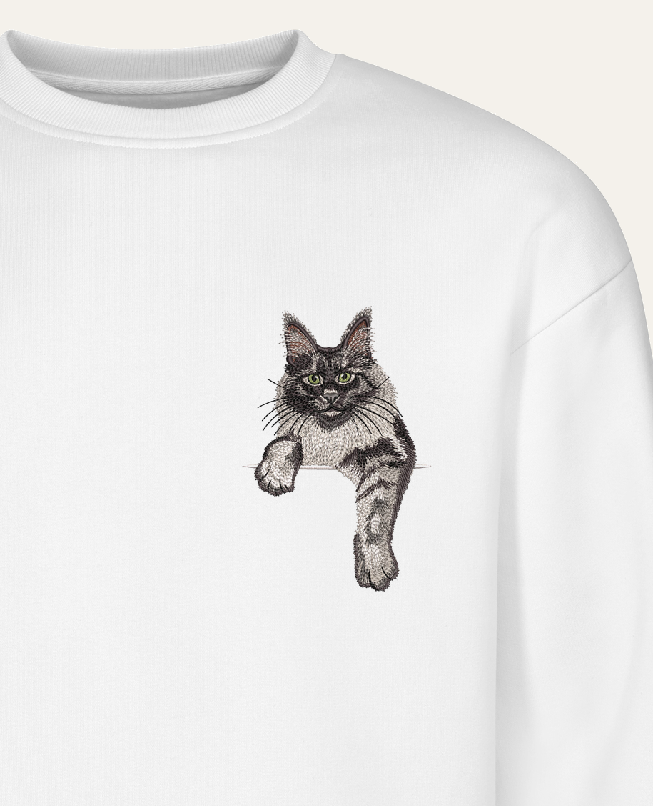Maine coon (czarny dymny) wzór 2 – bluza z haftem, biała
