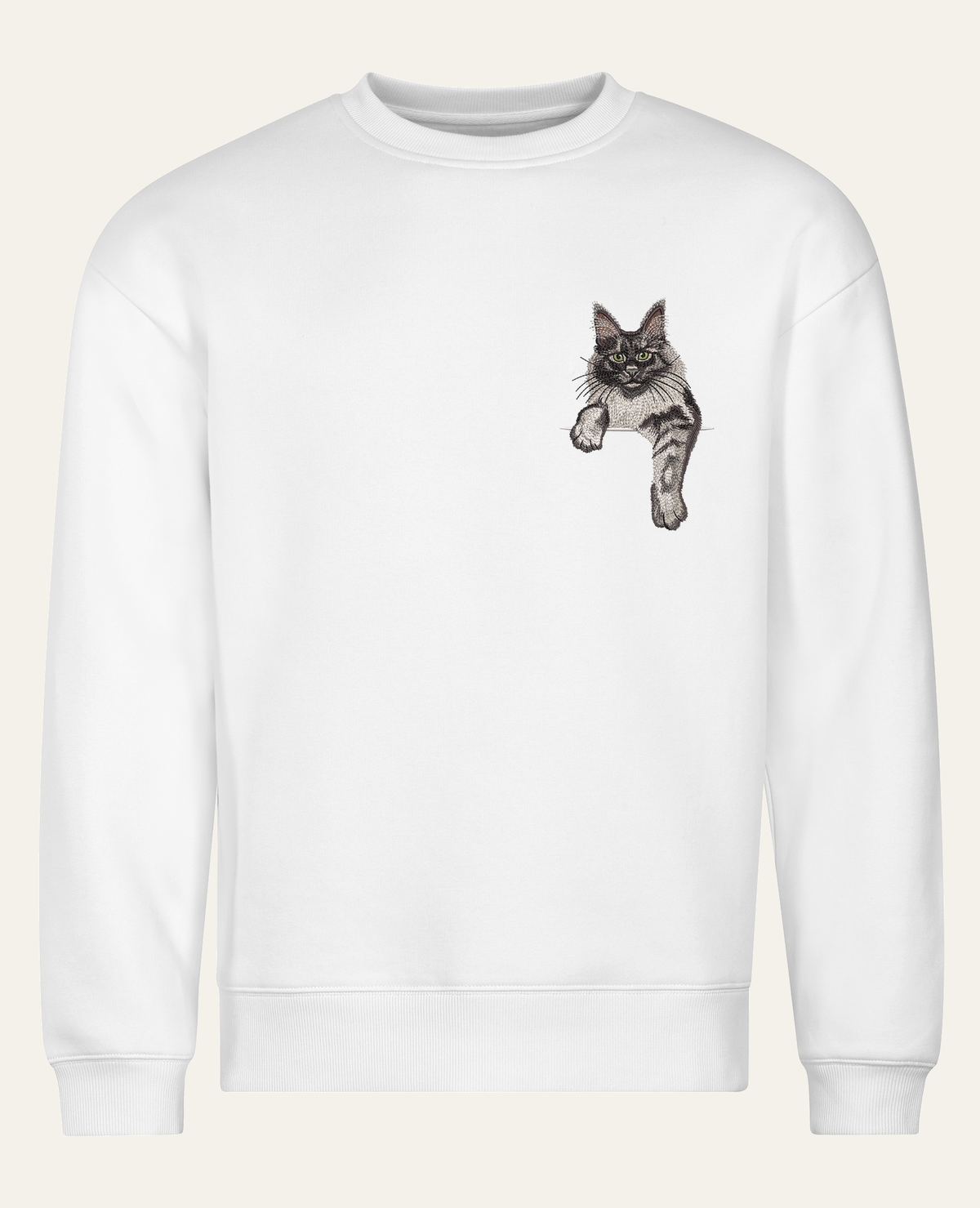 Maine coon (czarny dymny) wzór 2 – bluza z haftem, biała, cała sylwetka