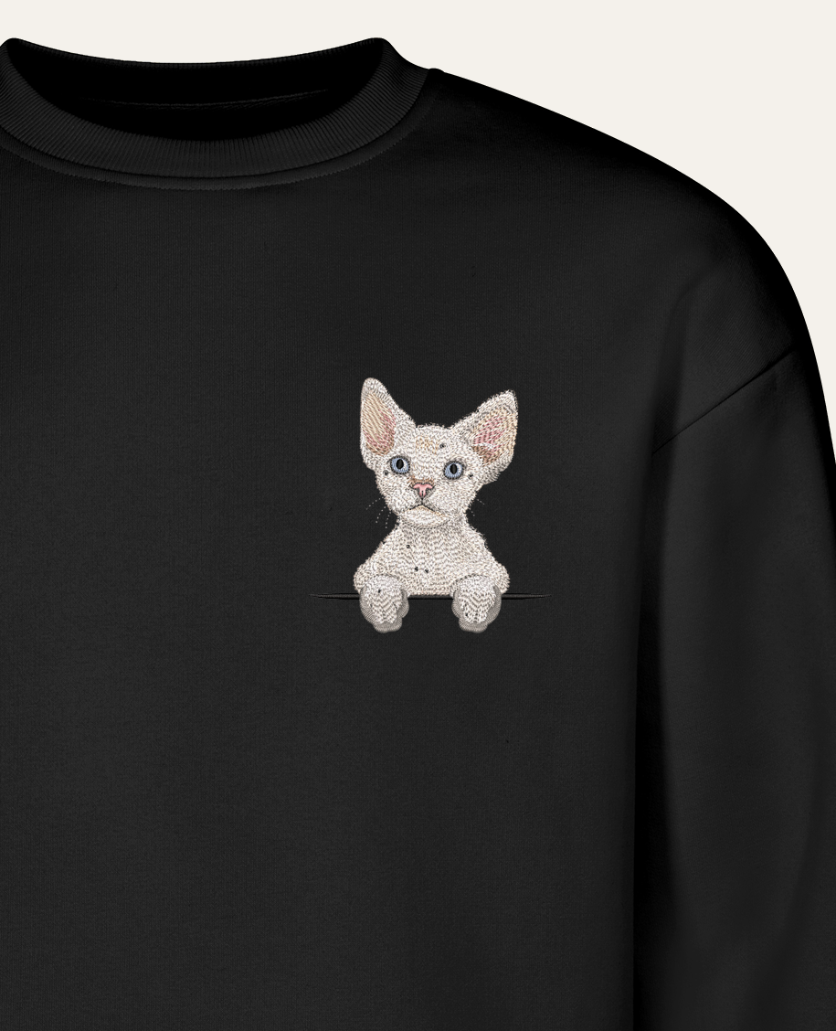 Devon rex (biały) – bluza z haftem, czarna