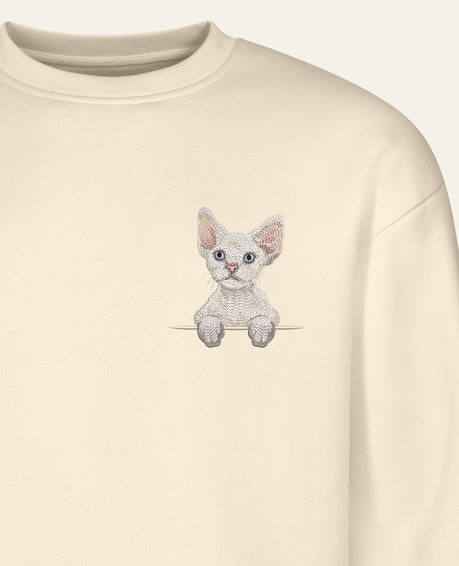 Devon rex (biały) – bluza z haftem, piaskowa