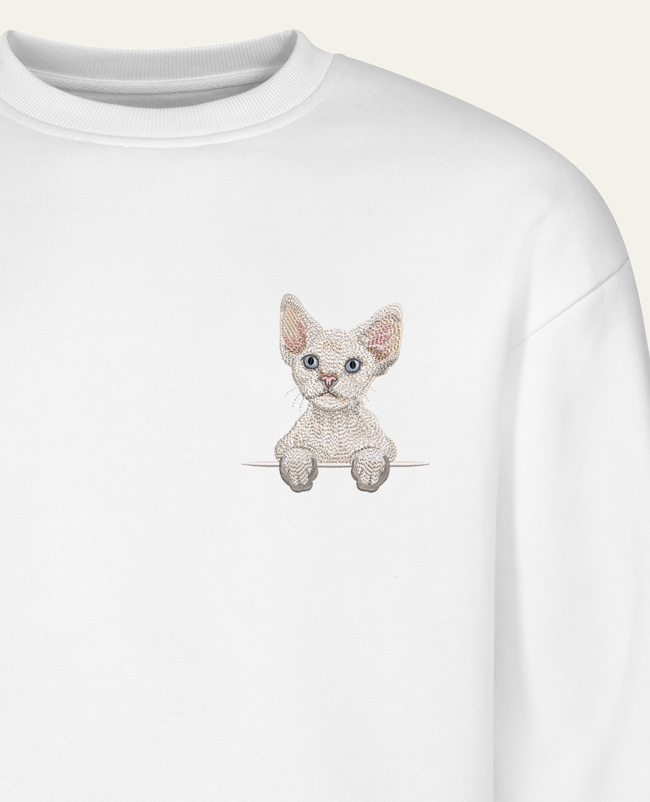 Devon rex (biały) – bluza z haftem, biała