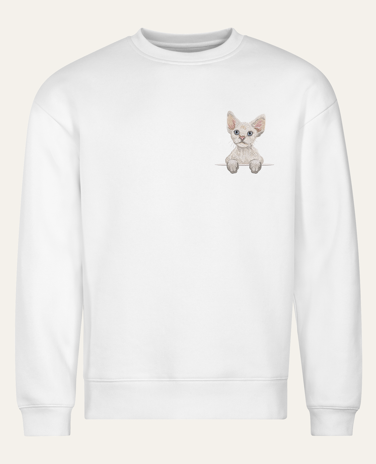 Devon rex (biały) – bluza z haftem, biała, cała sylwetka