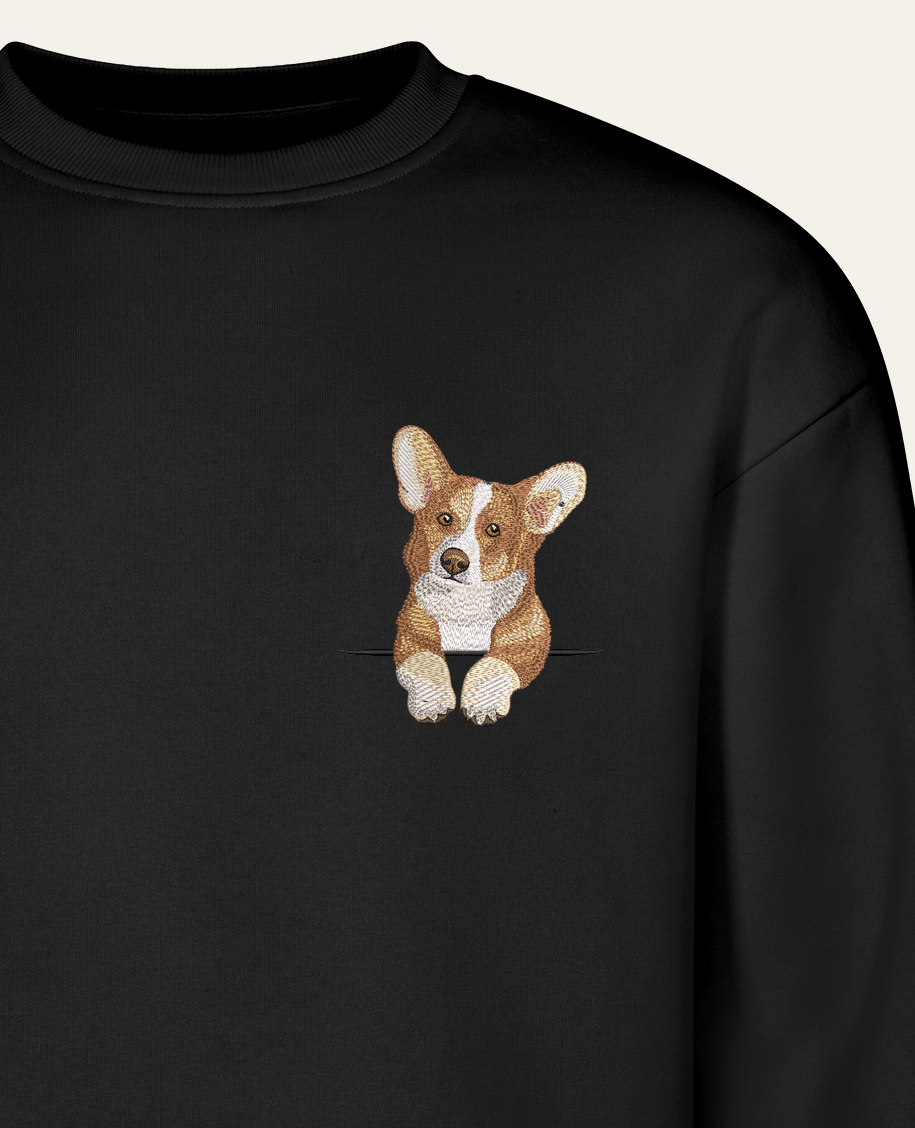 Corgi (rudo-biały) – bluza z haftem, czarna (zbliżenie)