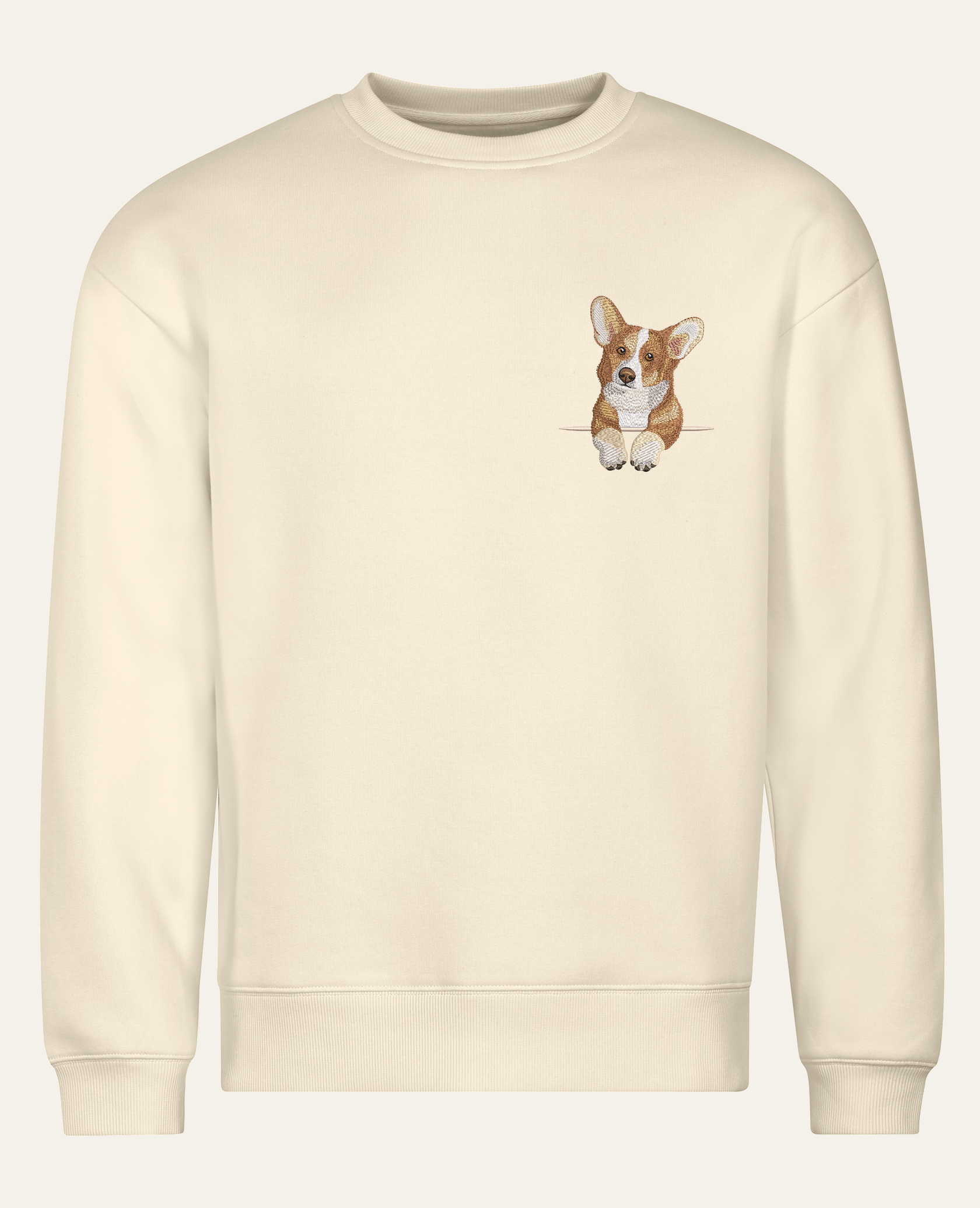 Corgi (rudo-biały) – bluza z haftem, piaskowa (cała sylwetka)