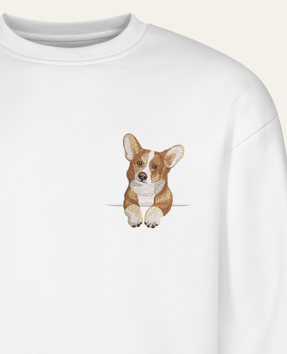 Corgi (rudo-biały) – bluza z haftem, biała (zbliżenie)