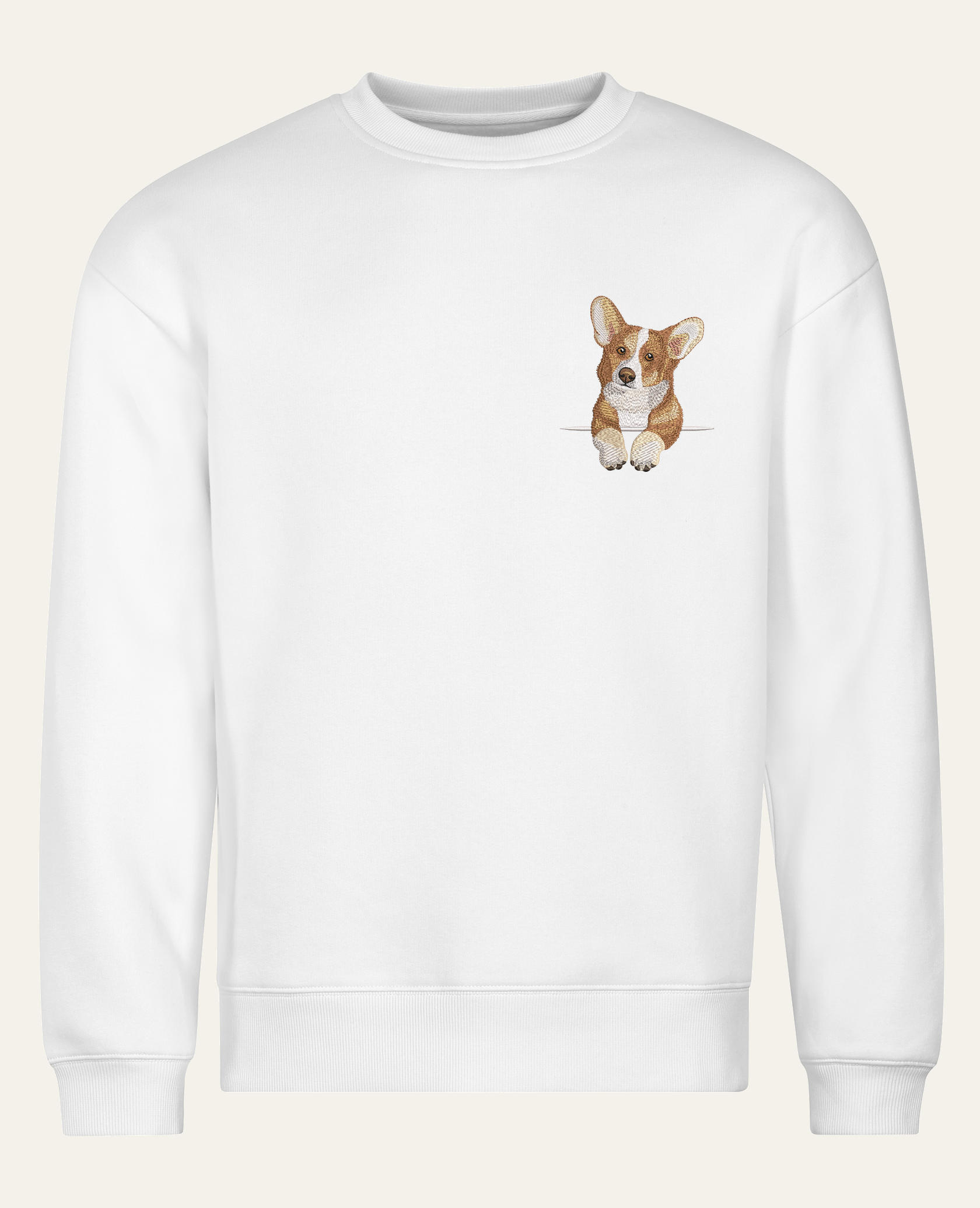 Corgi (rudo-biały) – bluza z haftem, biała (cała sylwetka)