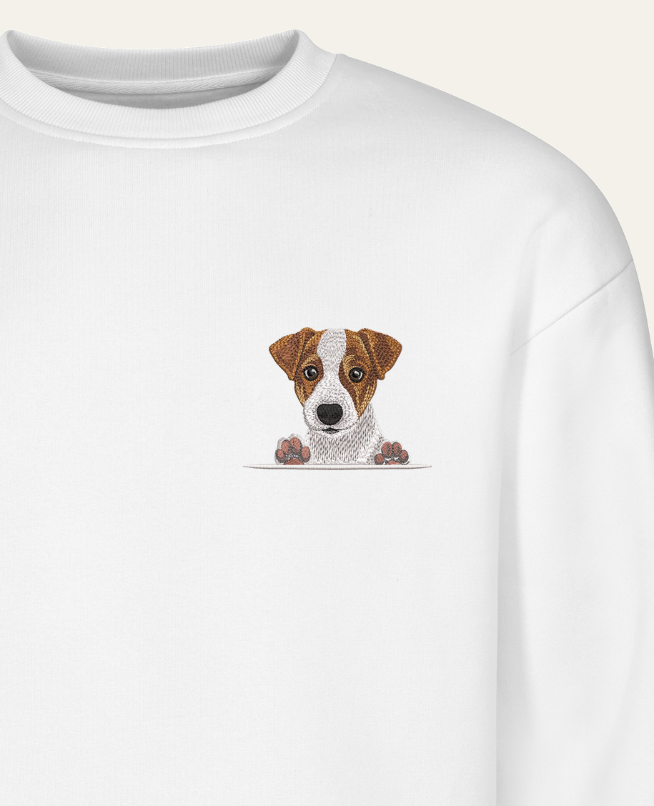 Jack Russell terrier (brązowy) – bluza z haftem, piaskowa (zbliżenie)