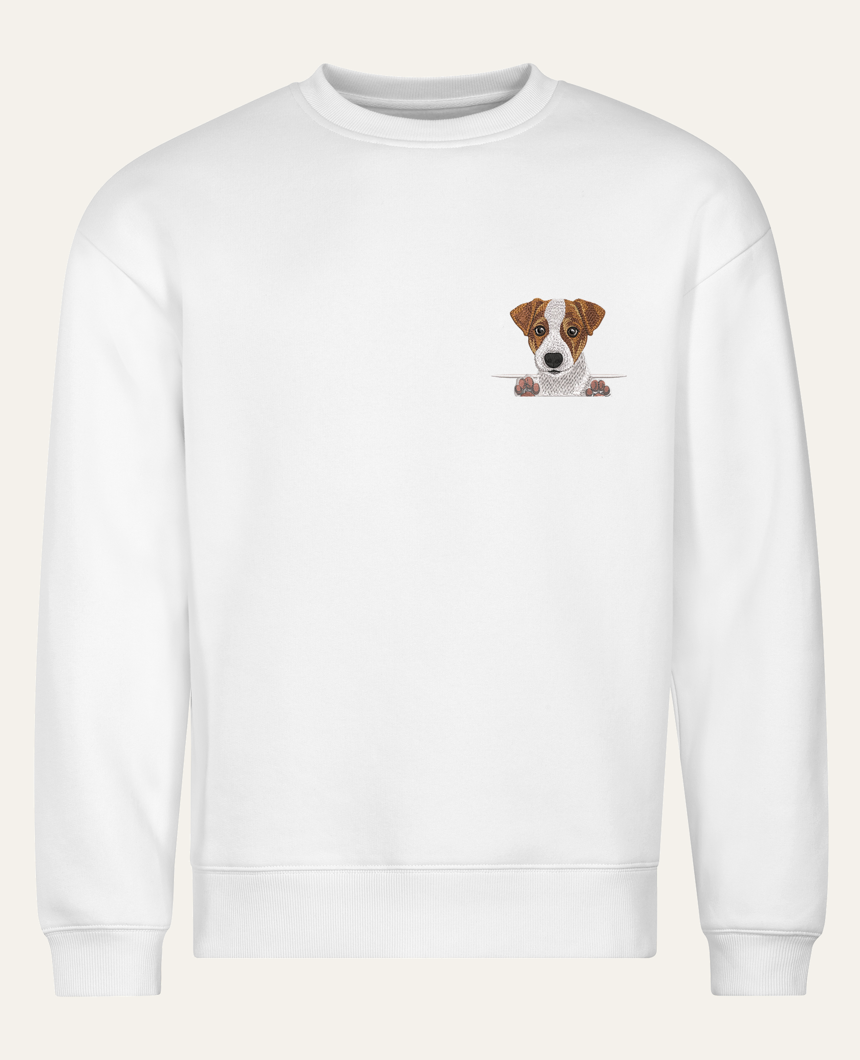 Jack Russell terrier (brązowy) – bluza z haftem, biała (cała sylwetka)