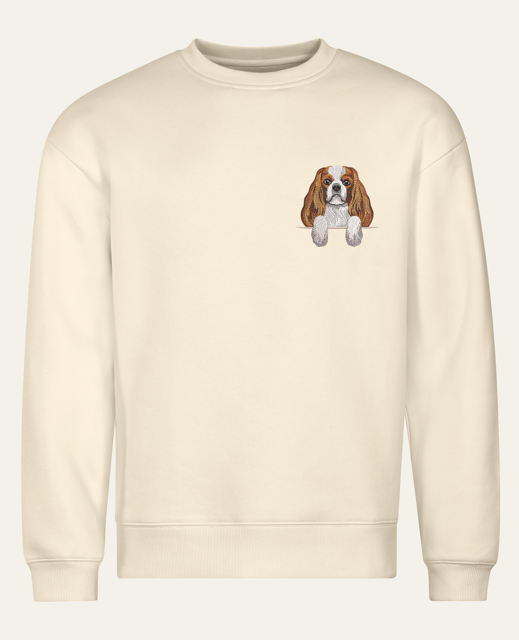 Cavalier King Charles Spaniel (blenheim) – bluza z haftem, piaskowa (cała sylwetka)