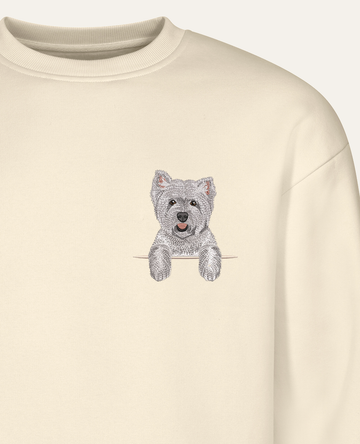 West Highland White Terrier – bluza z haftem, piaskowa (zbliżenie)